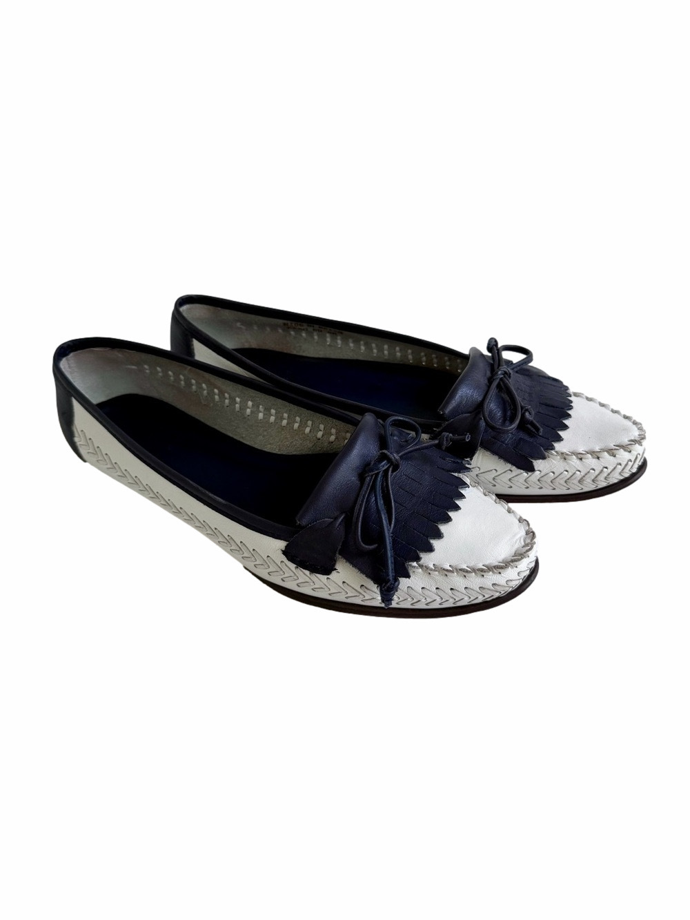 Vintage Bass Ferrari Leather Loafers Navy Blue White w/ Fringe and Tie Size 6